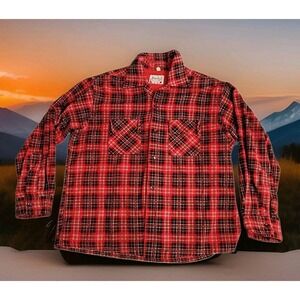 ❤️Vintage 1950's Mark Twain Shirt Printed Corduroy Red Plaid Camp Loop Collar